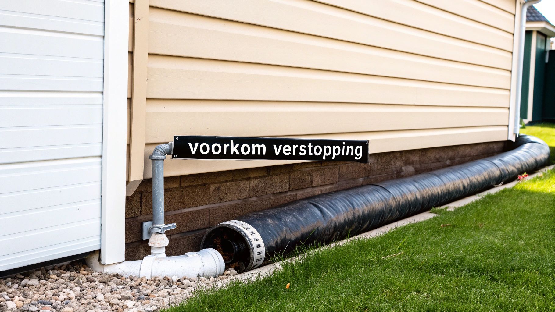 Een buitenaanzicht van een condensafvoer van een cv-ketel aan de muur, met een waarschuwingsbord 'voorkom verstopping' en een brede afvoerbuis die in het gras verdwijnt.