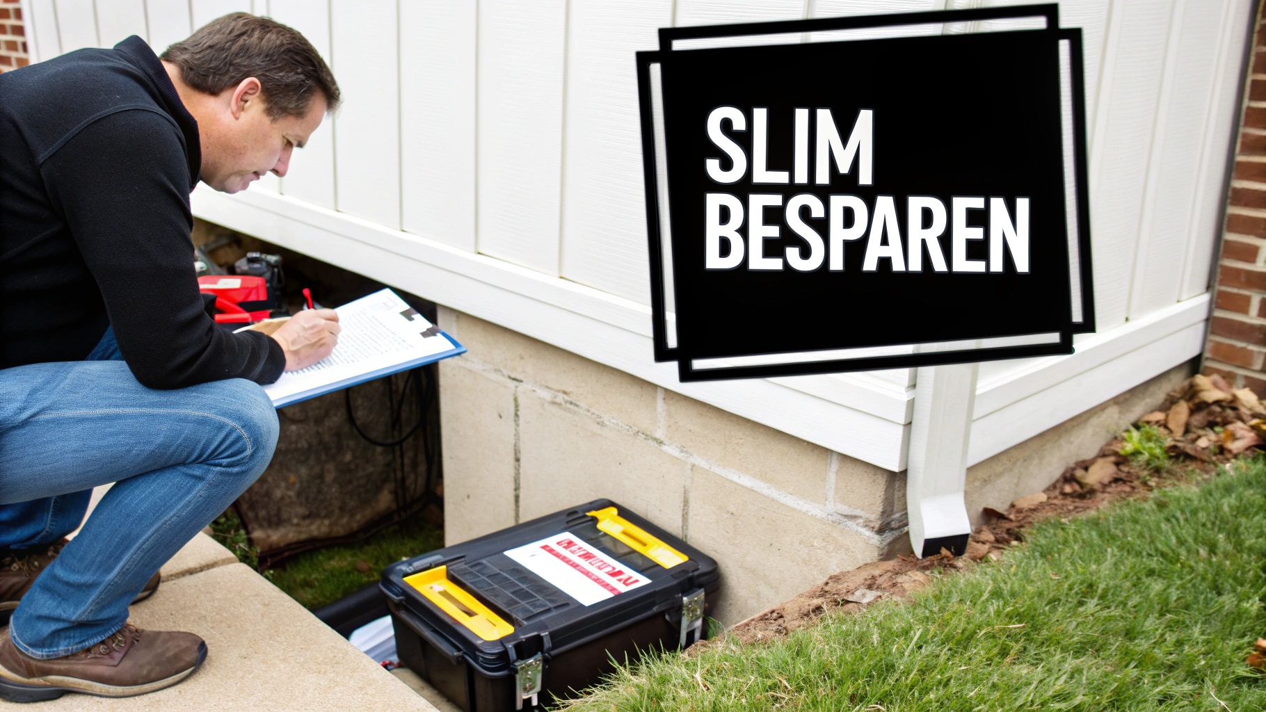 Man schrijft op klembord naast een huis, met gereedschapskist en een 'SLIM BESPAREN' bord.