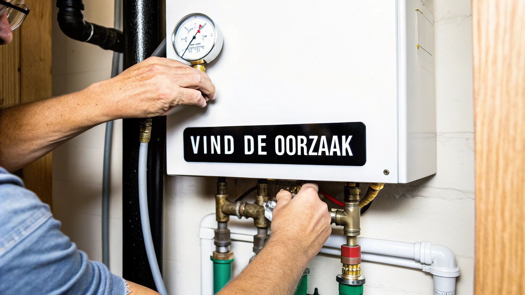 Man controleert of repareert een witte CV-ketel met een manometer en diverse leidingen, met de tekst 'VIND DE OORZAAK'.