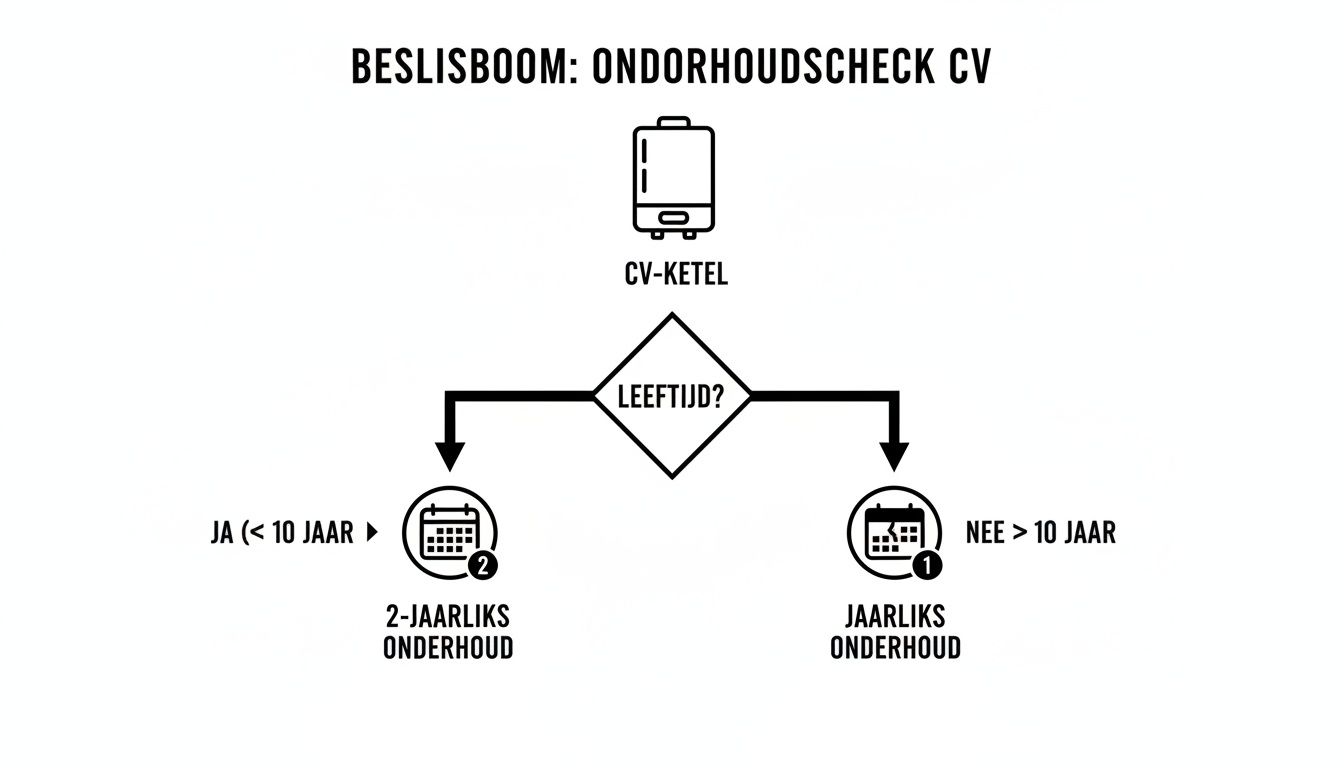 Beslisboom voor onderhoud van CV-ketels. Toont wanneer een CV-ketel jaarlijks of 2-jaarlijks onderhoud nodig heeft op basis van leeftijd.