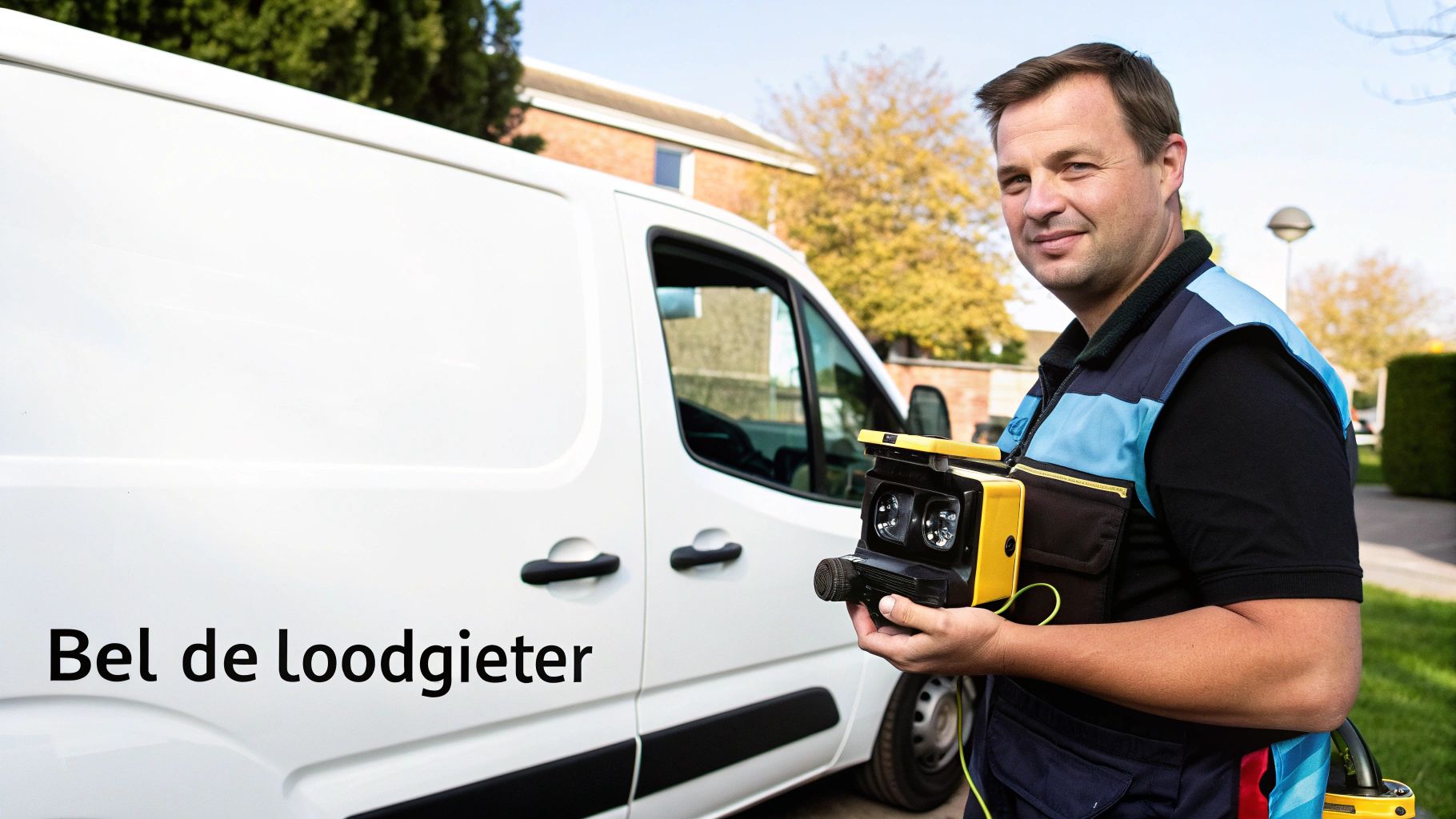 Een glimlachende loodgieter in uniform staat voor zijn witte busje en houdt diagnostische apparatuur vast.