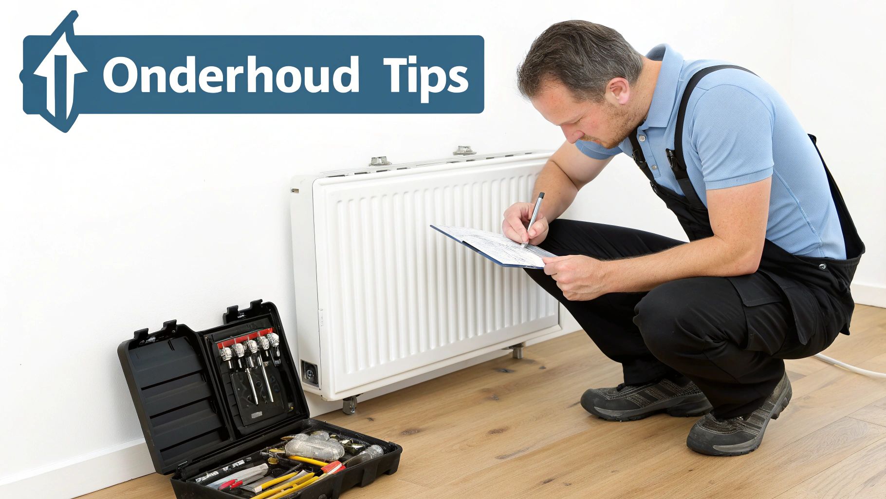 Monteur in overall inspecteert een radiator en maakt aantekeningen op een klembord. Een gereedschapskist ligt open. Bovenin staat 'Onderhoud Tips'.