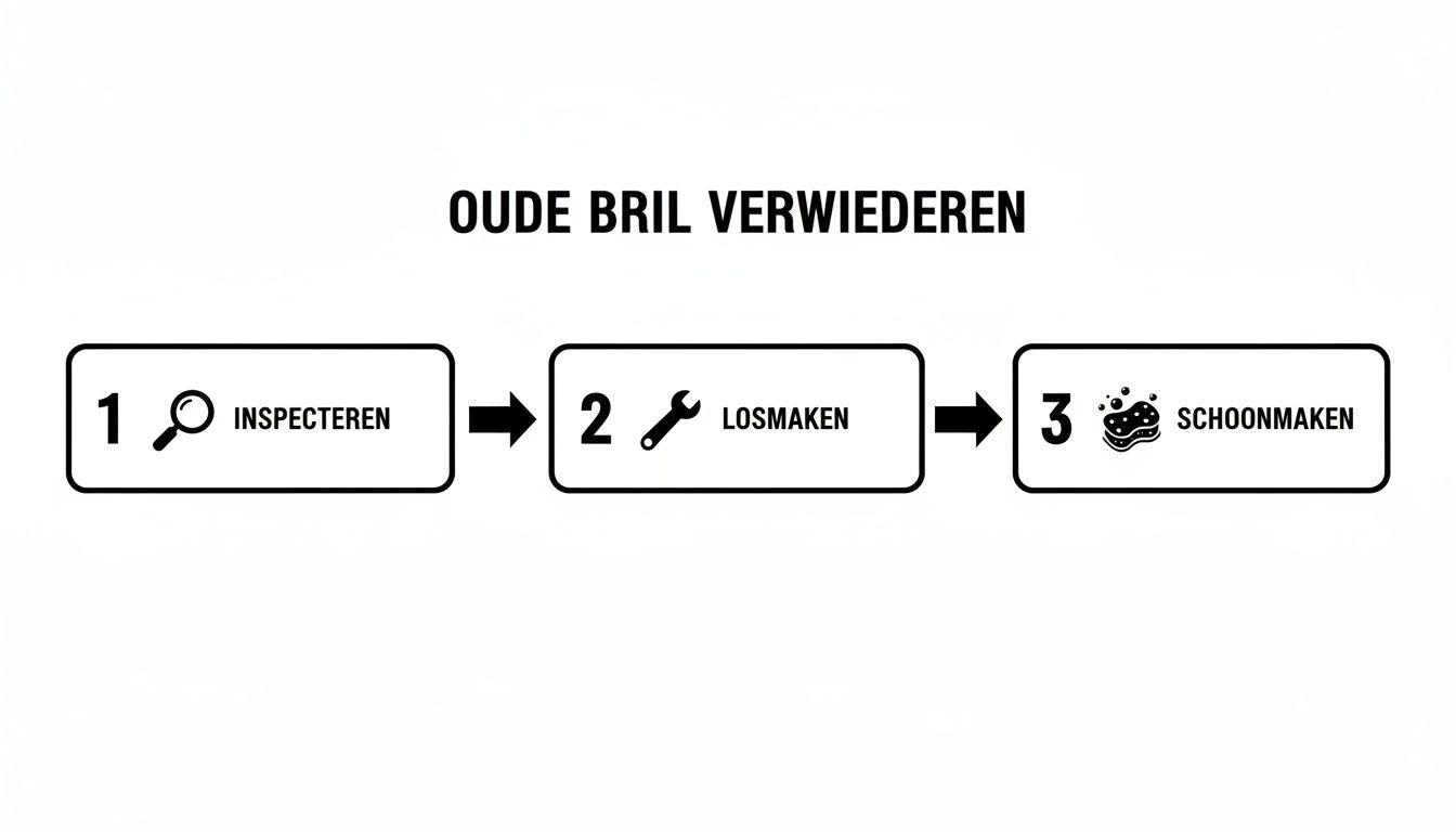 Driestappenplan voor het verwijderen van een oude toiletbril: inspecteren, losmaken en schoonmaken.