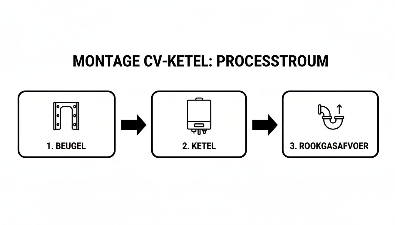 Stappenplan voor de montage van een CV-ketel, inclusief het plaatsen van de beugel, de ketel, en de rookgasafvoer.