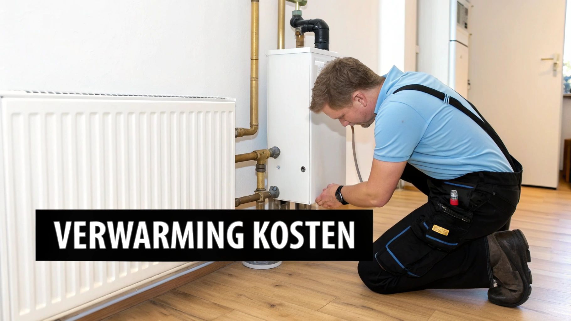 Monteur knielt bij een witte verwarmingsketel en radiator, met tekst 'Verwarming Kosten'.