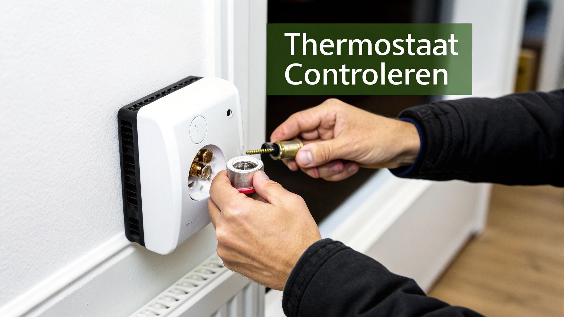 Een persoon controleert of repareert een thermostaat aan de muur, met de tekst 'Thermostaat Controleren'.