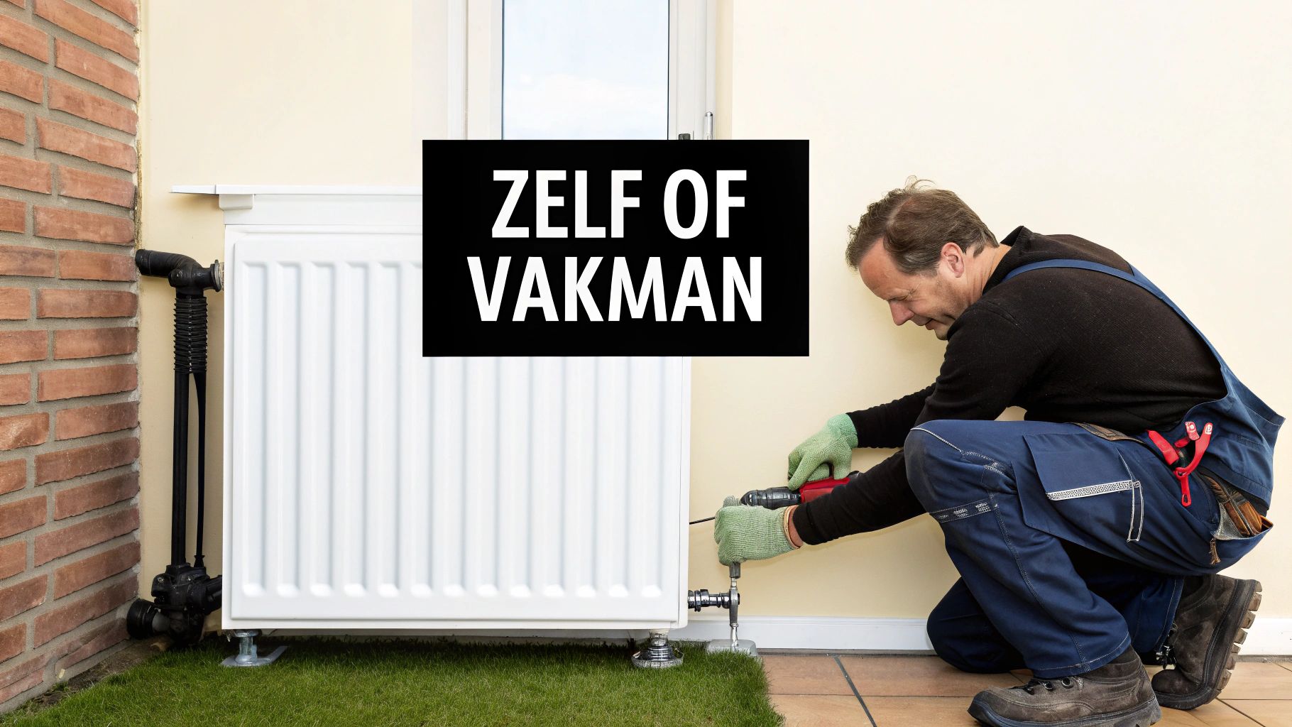 Een man in werkoveral monteert een witte radiator met een boormachine. Tekst: ZELF OF VAKMAN.