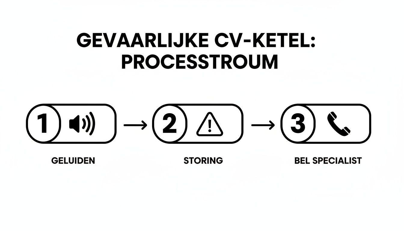 Stroomschema voor een gevaarlijke CV-ketel, met stappen voor geluiden, storing en het bellen van een specialist.
