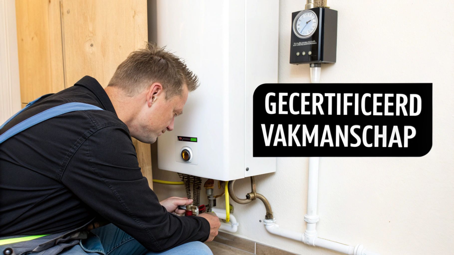 Monteur sluit een cv-ketel aan met gereedschap, met de tekst 'Gecertificeerd Vakmanschap' op de voorgrond.