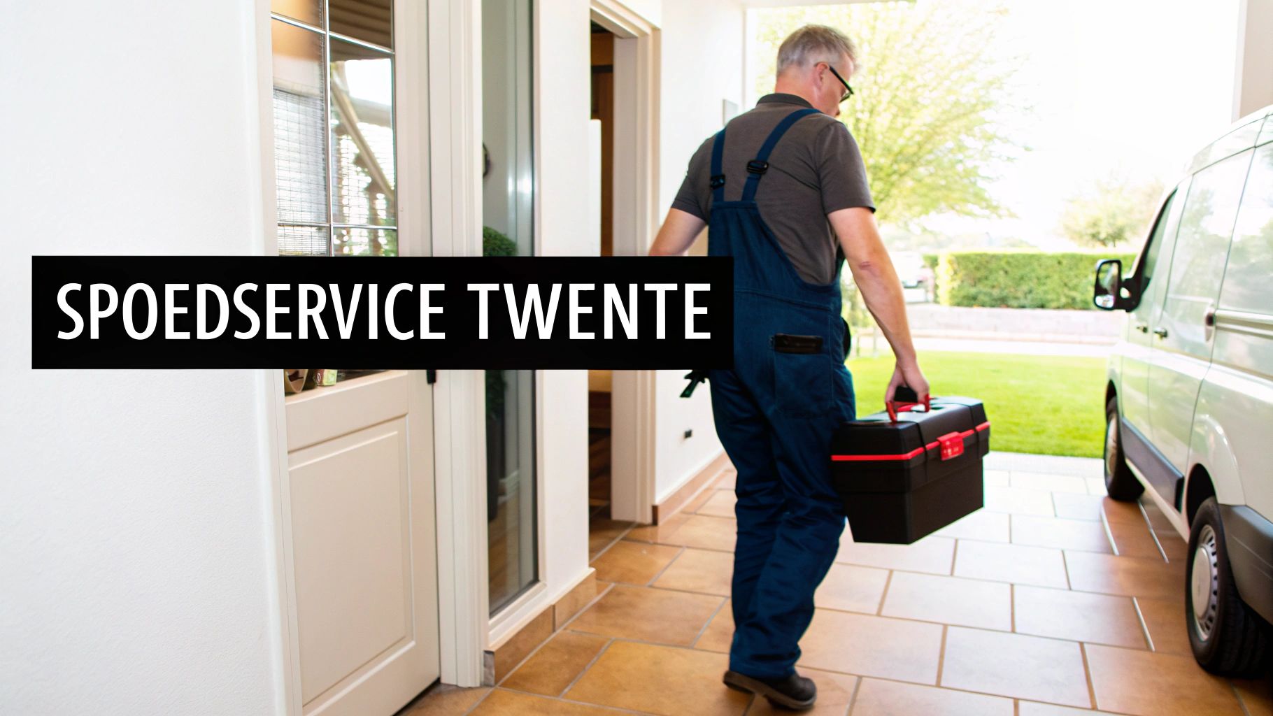 Monteur met gereedschapskist loopt naar witte bestelbus, klaar voor spoedservice Twente.