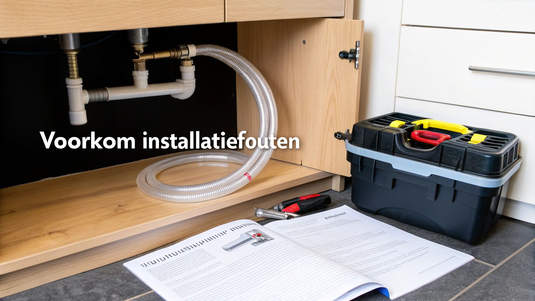 Installatiewerk onder een gootsteen met leidingen, een handleiding en gereedschap om fouten te voorkomen.