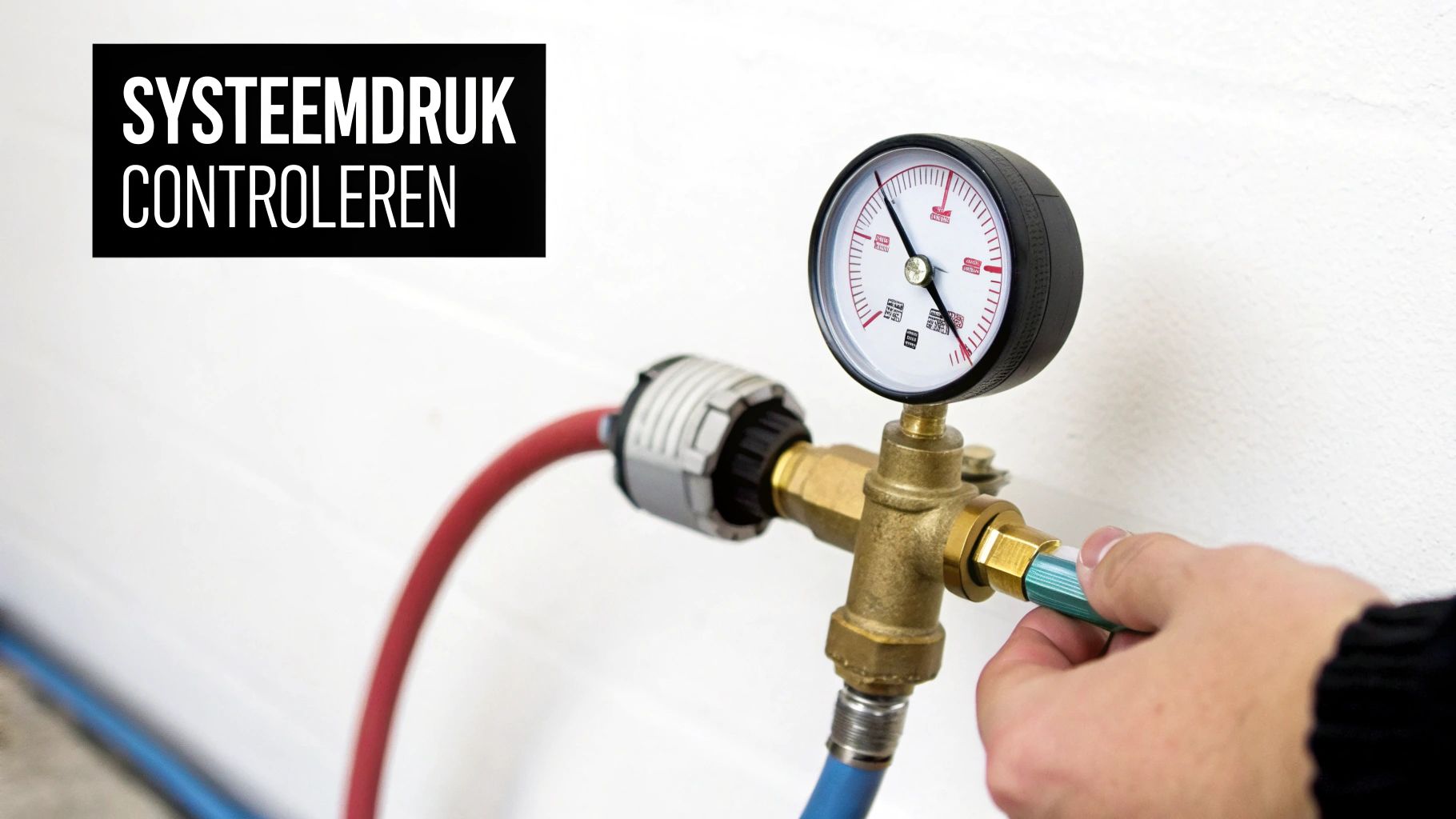 Een hand controleert de systeemdruk op een meter, met de tekst 'Systeemdruk controleren' bovenaan.