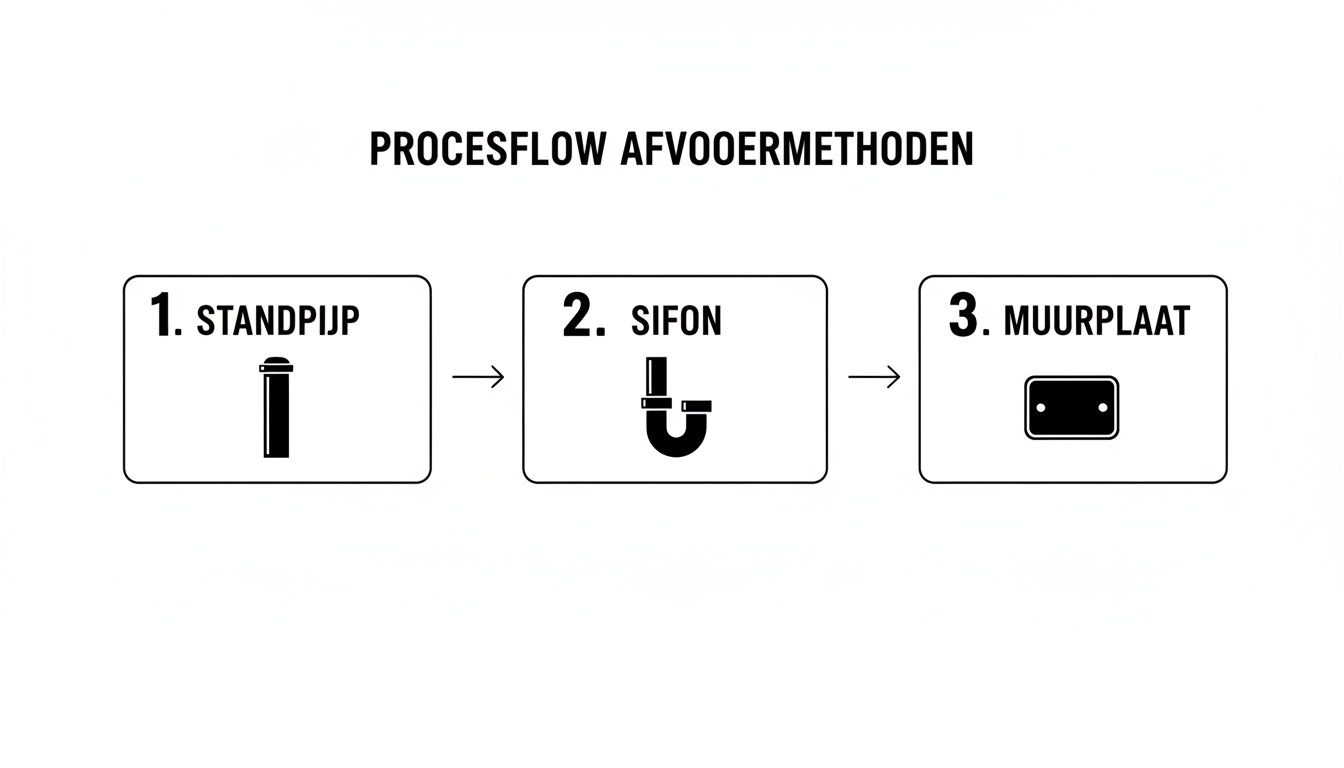 Procesflow diagram met drie afvoermethoden: standpijp, sifon en muurplaat, met pijlen die de volgorde aangeven.
