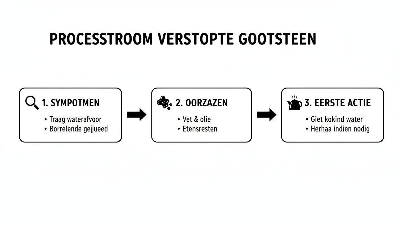 Een stroomschema in het Nederlands dat de symptomen, oorzaken en eerste acties bij een verstopte gootsteen toont.
