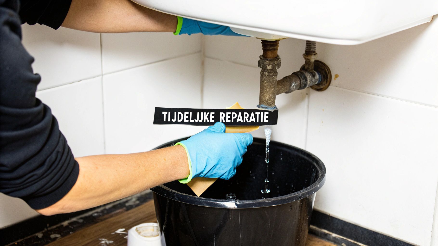 Een persoon met blauwe handschoenen vangt lekkend water op van een gootsteen met een emmer en een bordje 'Tijdelijke Reparatie'.