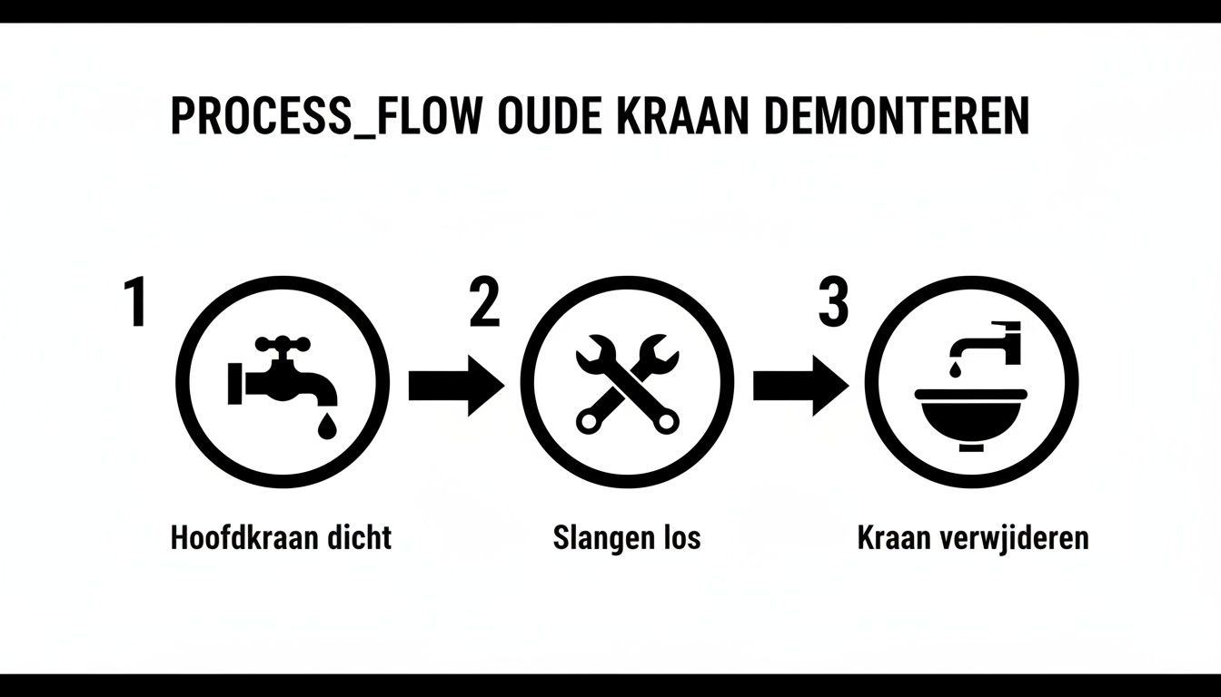 Illustratie van een processtroom voor het demonteren van een oude kraan, inclusief stappen voor water afsluiten en kraan verwijderen.