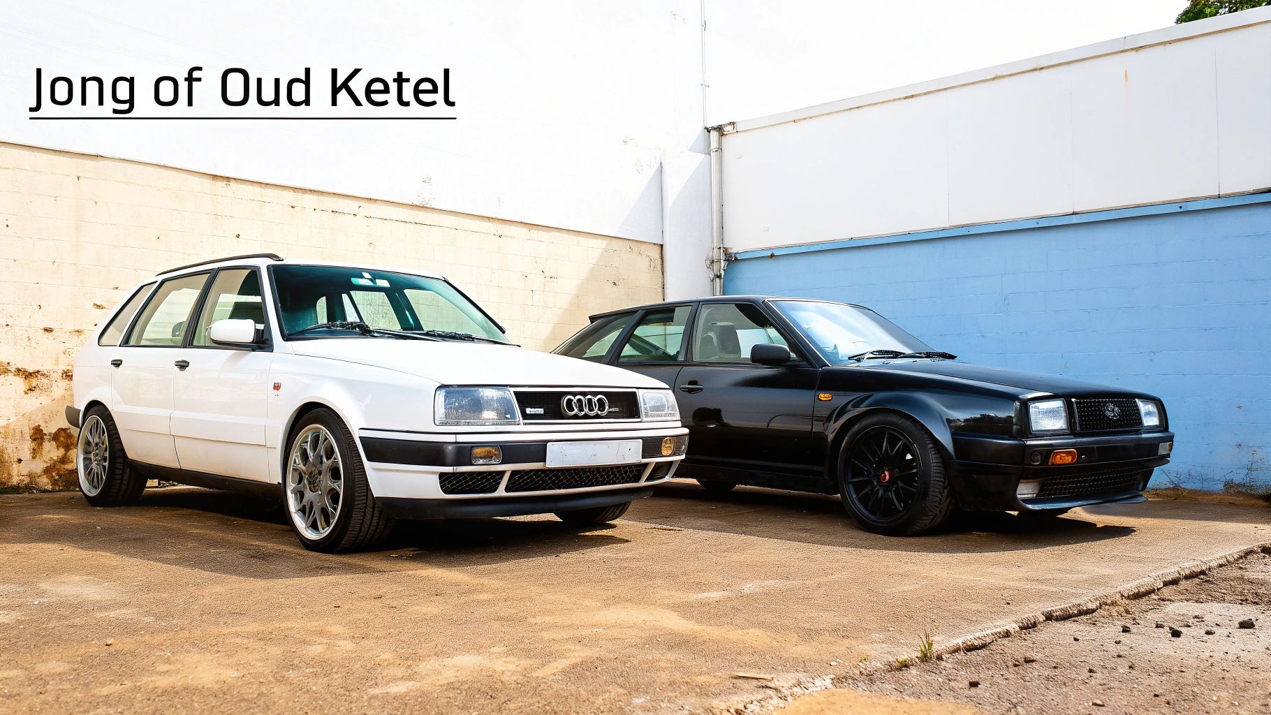 Afbeelding van twee auto's, een witte Audi en een zwarte, met de tekst 'Jong of Oud Ketel'.