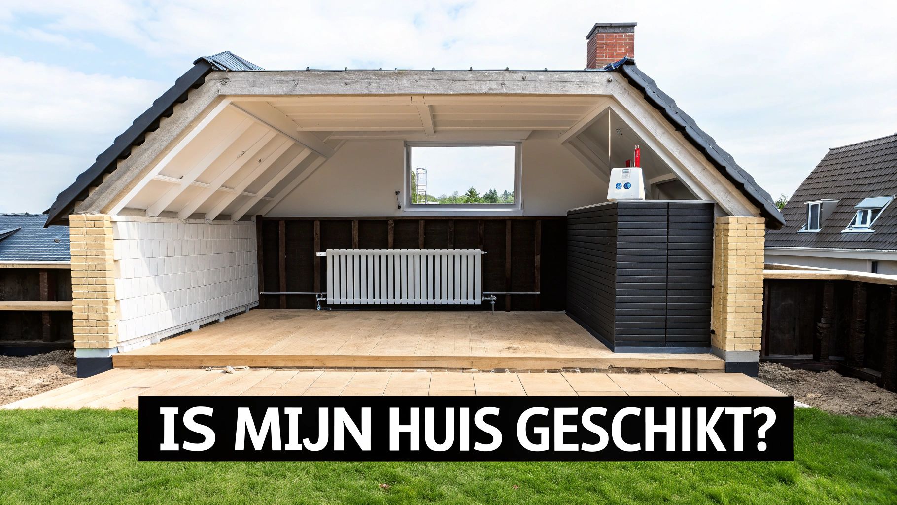 Detail van een huis in aanbouw met een radiator, houten vloer en een raam.