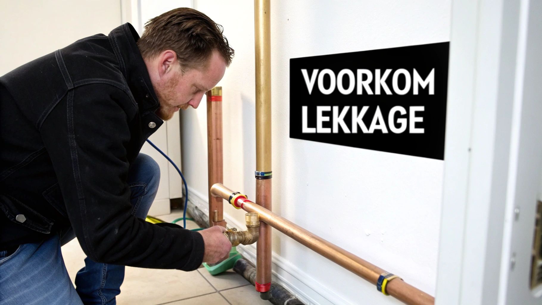Man installeert of repareert koperen waterleidingen om lekkage te voorkomen, gericht op isolatie.