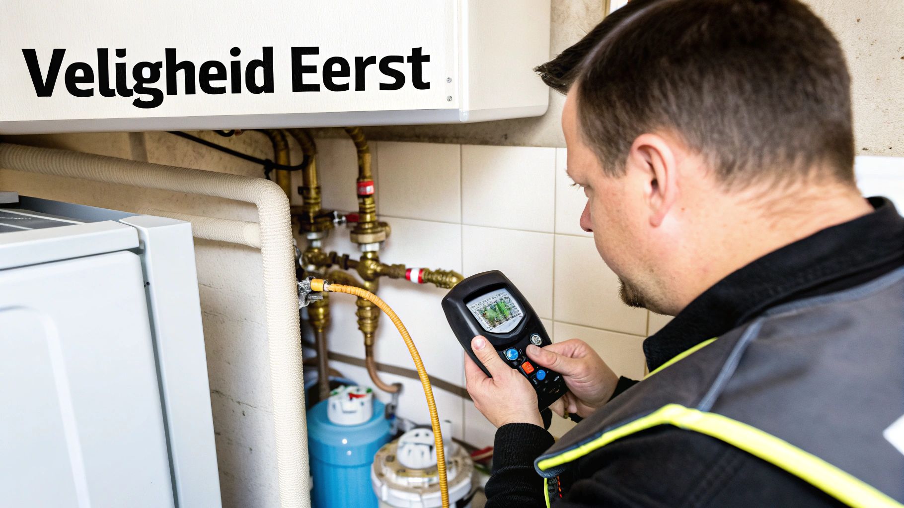 Een monteur inspecteert een cv-ketel met een meetapparaat, met de tekst 'Veiligheid Eerst' op de muur.