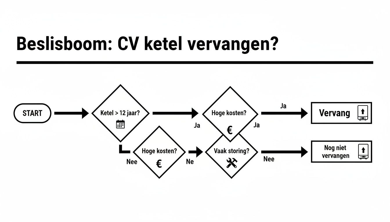 Beslisboom voor het vervangen van een CV ketel, met vragen over leeftijd, kosten en storingen.