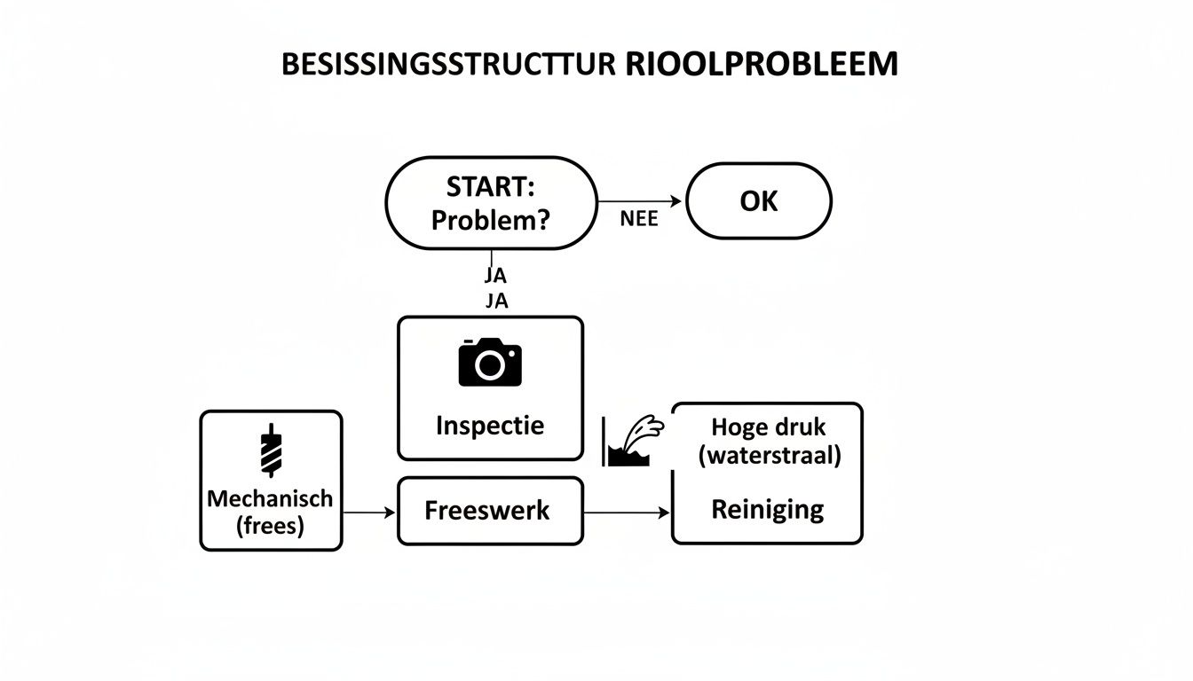 Een stroomdiagram met de beslissingsstructuur voor het oplossen van een rioolprobleem, inclusief inspectie, freeswerk en reiniging.