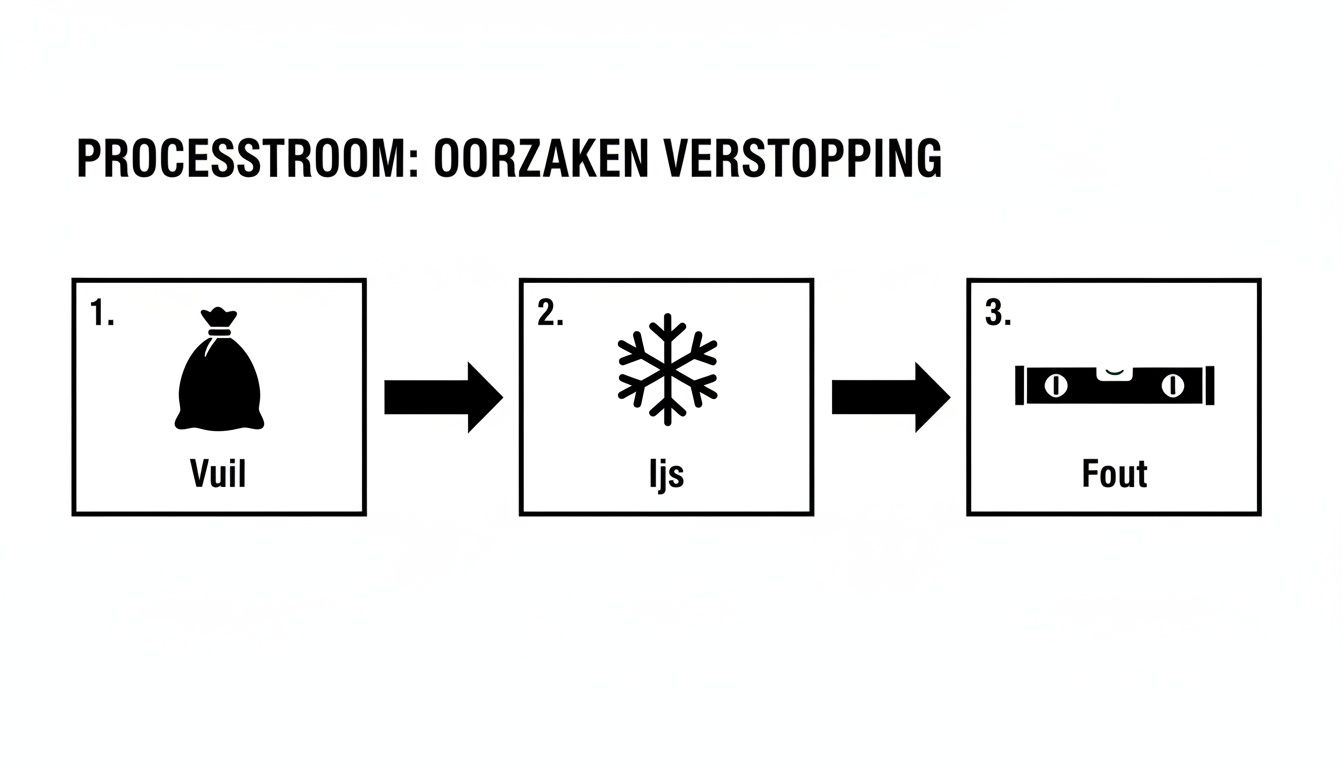 Diagram toont oorzaken van verstopping: vuil, ijs en een fout, gevisualiseerd met iconen en pijlen.