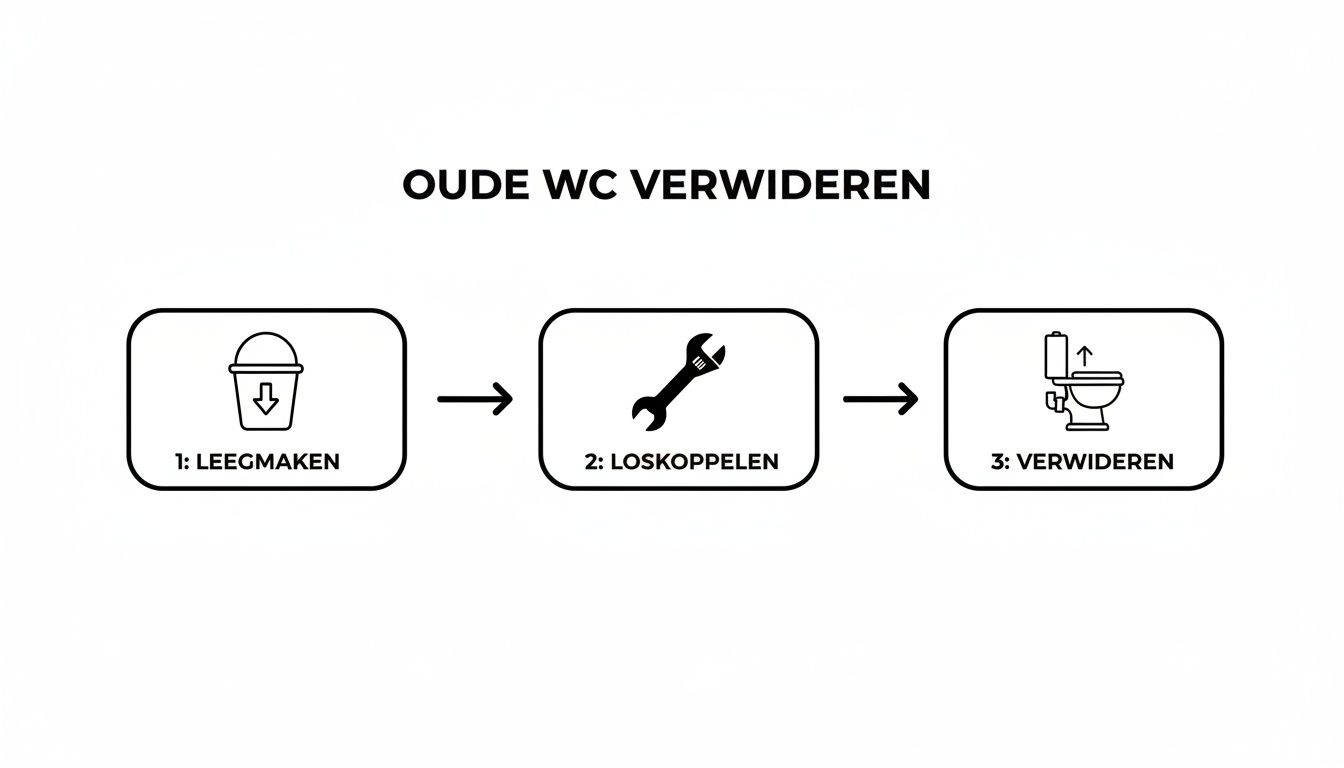 Infographic met stappen om een oude toiletpot te verwijderen: leegmaken, loskoppelen en verwijderen.