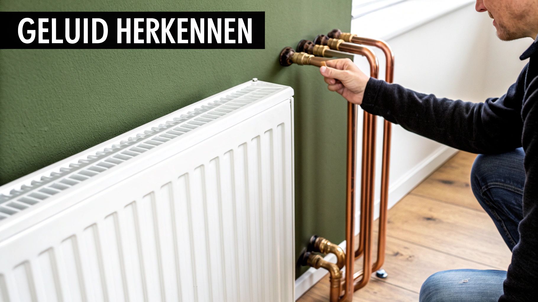 Een persoon controleert een radiator en koperen leidingen om geluid te herkennen.