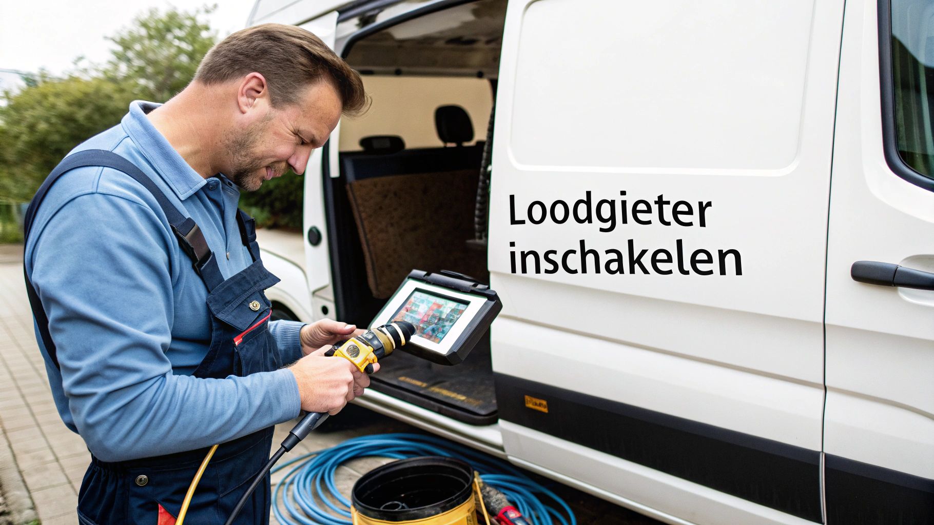 Een loodgieter werkt buiten bij zijn witte bus met een meetapparaat en gereedschap.