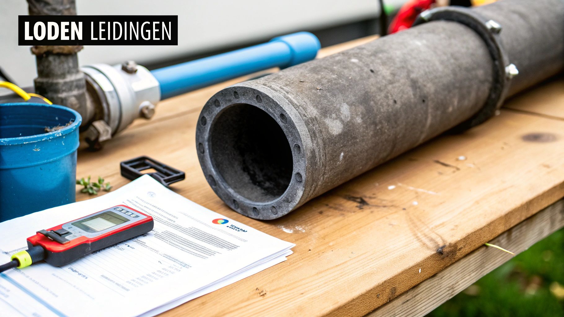 Werkblad met loden waterleiding, meetapparatuur en documenten, klaar voor inspectie of vervanging.