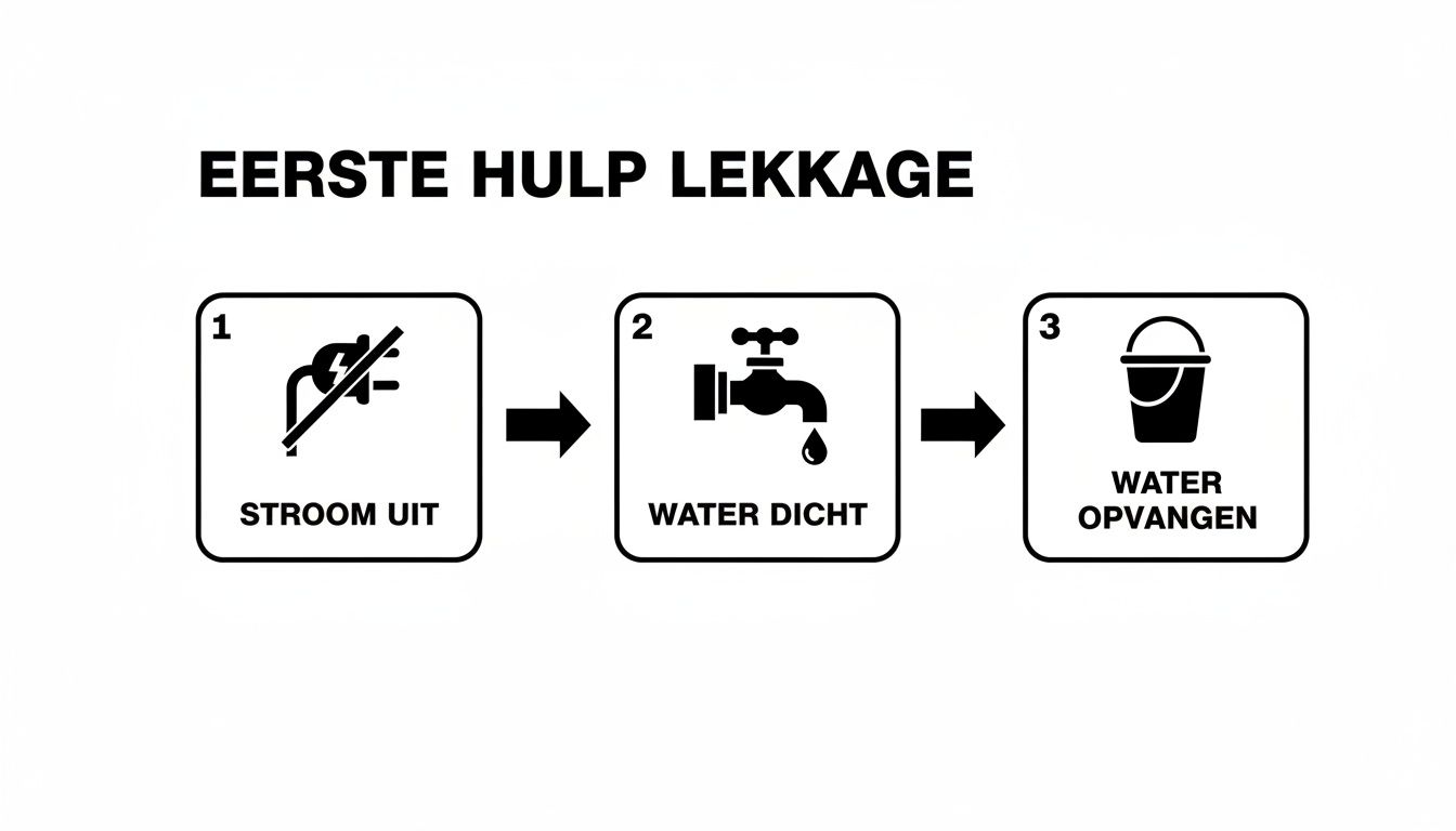 Diagram met 3 stappen voor eerste hulp bij lekkage: stroom uit, water dicht, water opvangen.