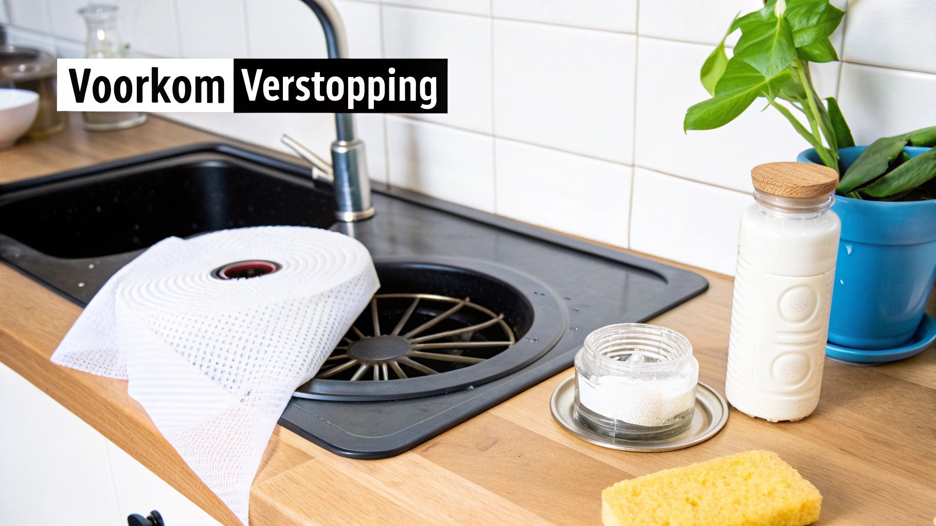 Een gootsteen in een keuken met schoonmaakmiddelen, een spons en een rol keukenpapier om verstopping te voorkomen.