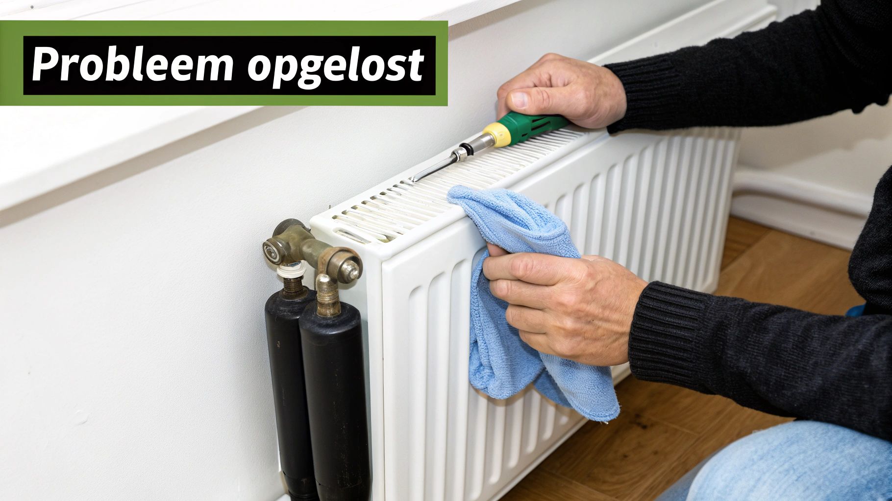 Man reinigt een witte radiator met een schoonmaakborstel en blauwe doek. De banner zegt 'Probleem opgelost'.