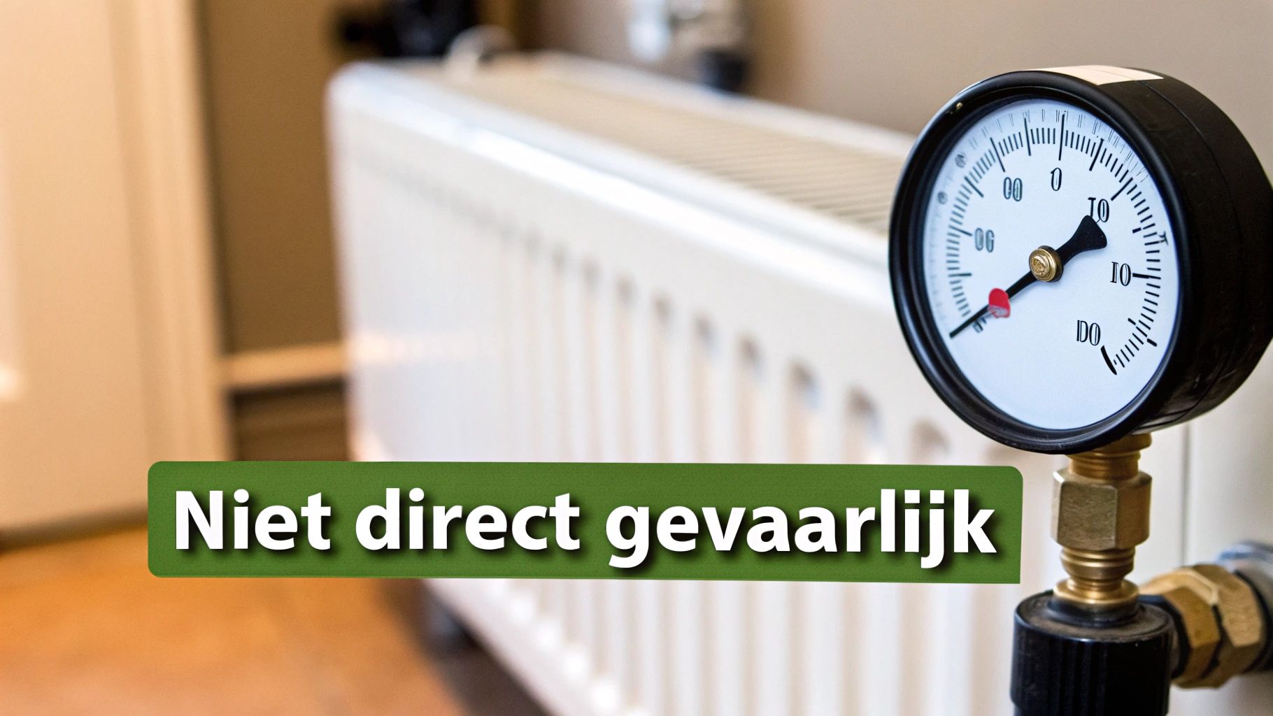 Een close-up van een radiator met een drukmetermeter die een lage druk aangeeft. De tekst 'Niet direct gevaarlijk' staat op een groene balk.