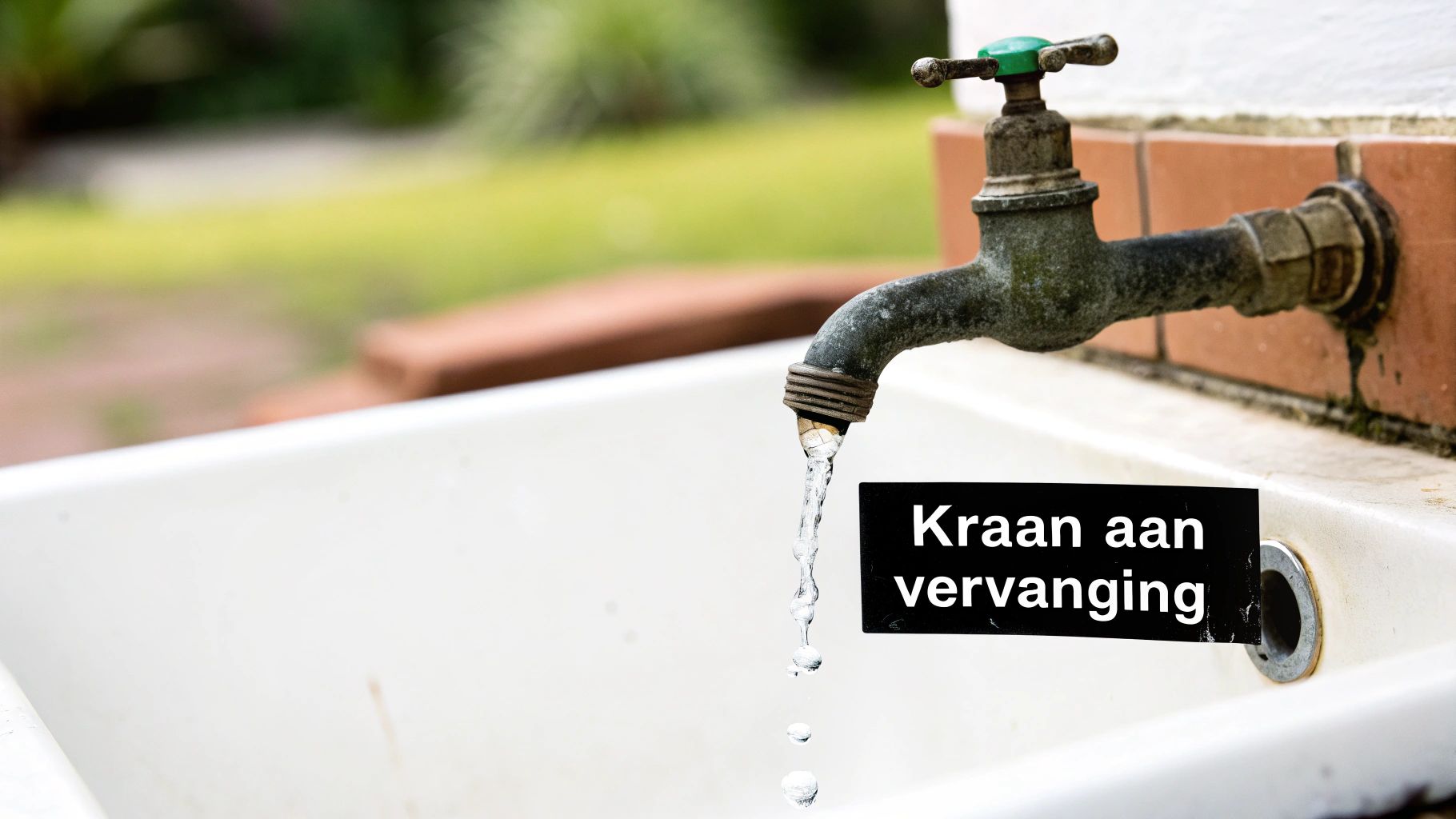 Oude, lekkende buitenkraan druppelt water in een witte wastafel met een label 'Kraan aan vervanging'.