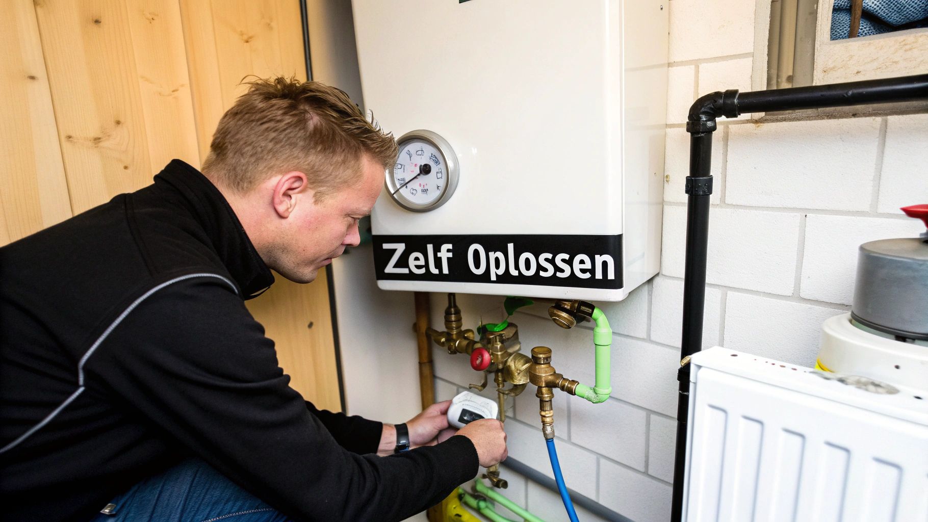 Man controleert aandachtig een cv-ketel met de instructie 'Zelf Oplossen' en een drukmeter erop.
