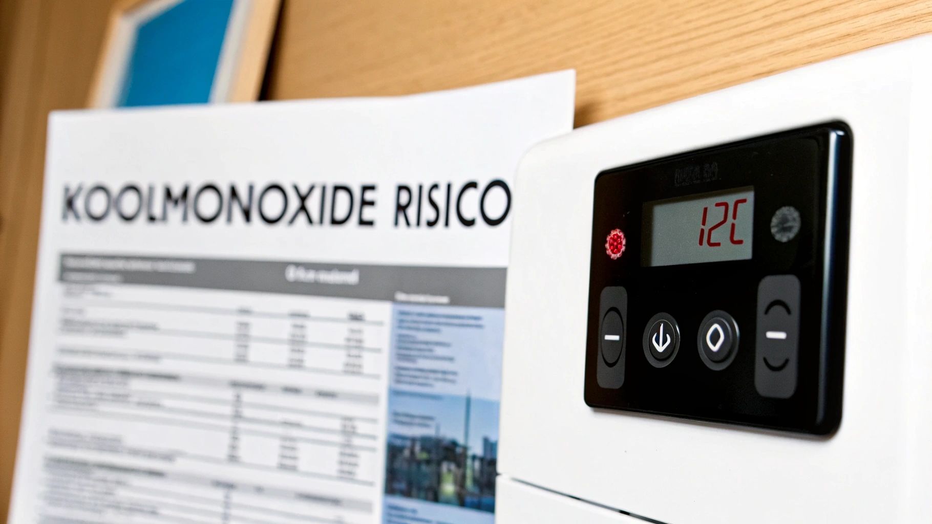 Koolmonoxide risicowaarschuwing naast een digitaal bedieningspaneel met temperatuurweergave.