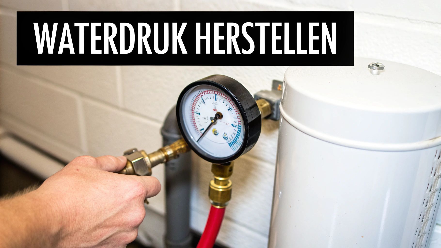 Een hand stelt een waterdrukmeter af op een verwarmingssysteem, met de tekst 'WATERDRUK HERSTELLEN' bovenaan.