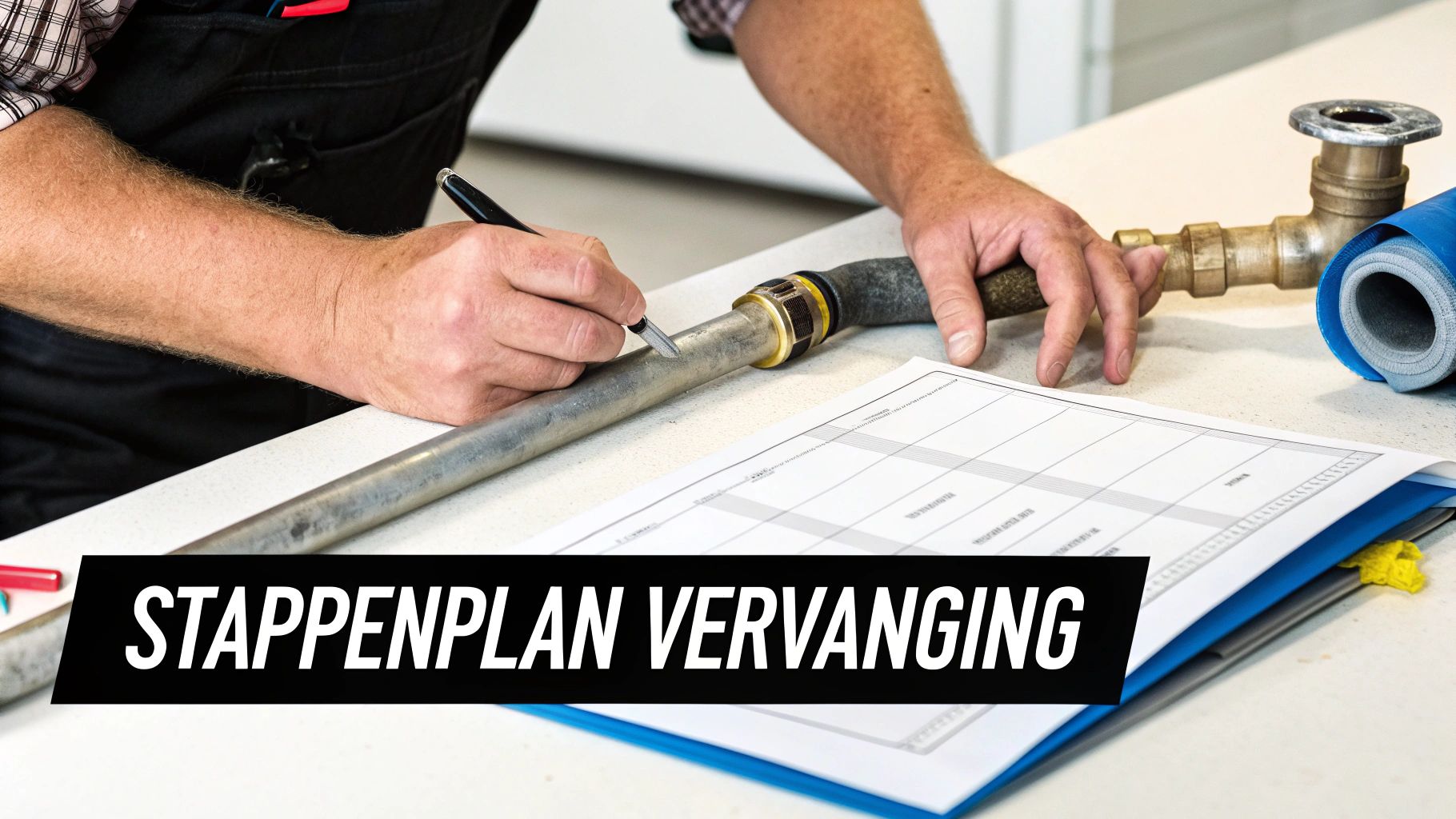 Man markeert waterleiding met pen, naast een stappenplan voor vervanging, op een werkbank.