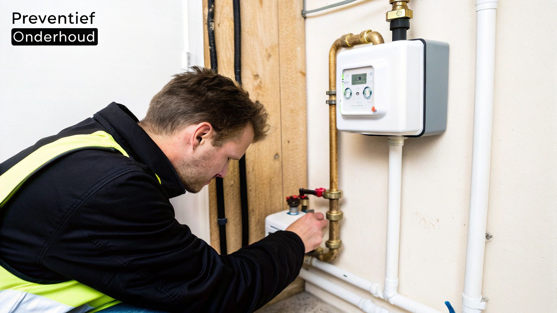 Monteur in veiligheidsvest voert preventief onderhoud uit aan een gas- of waterinstallatie aan de muur.