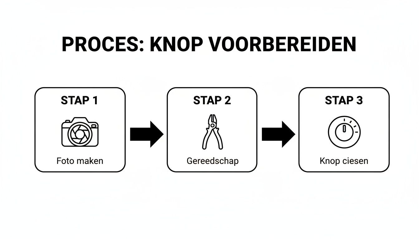 Drie stappen proces: foto maken, gereedschap verzamelen en knop kiezen voor voorbereiding.