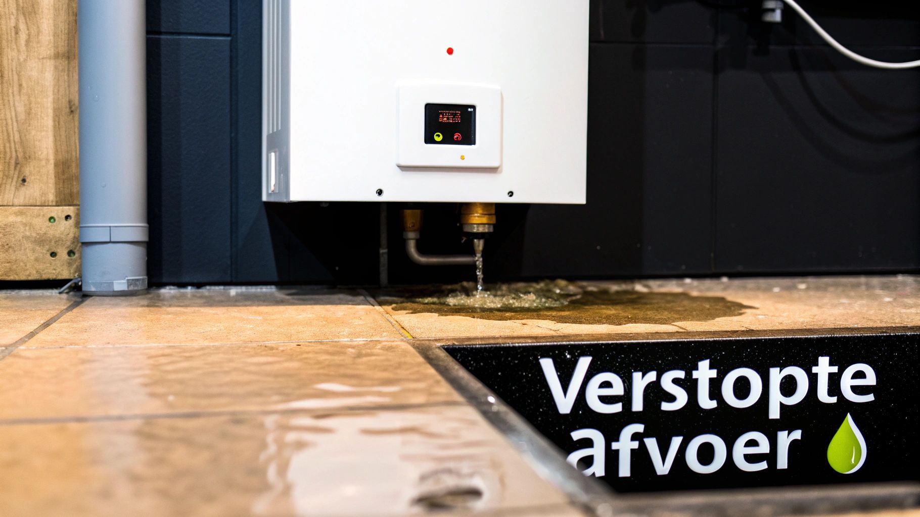 Lekkende cv-ketel met waterplas op tegelvloer en een bord 'Verstopte afvoer'.