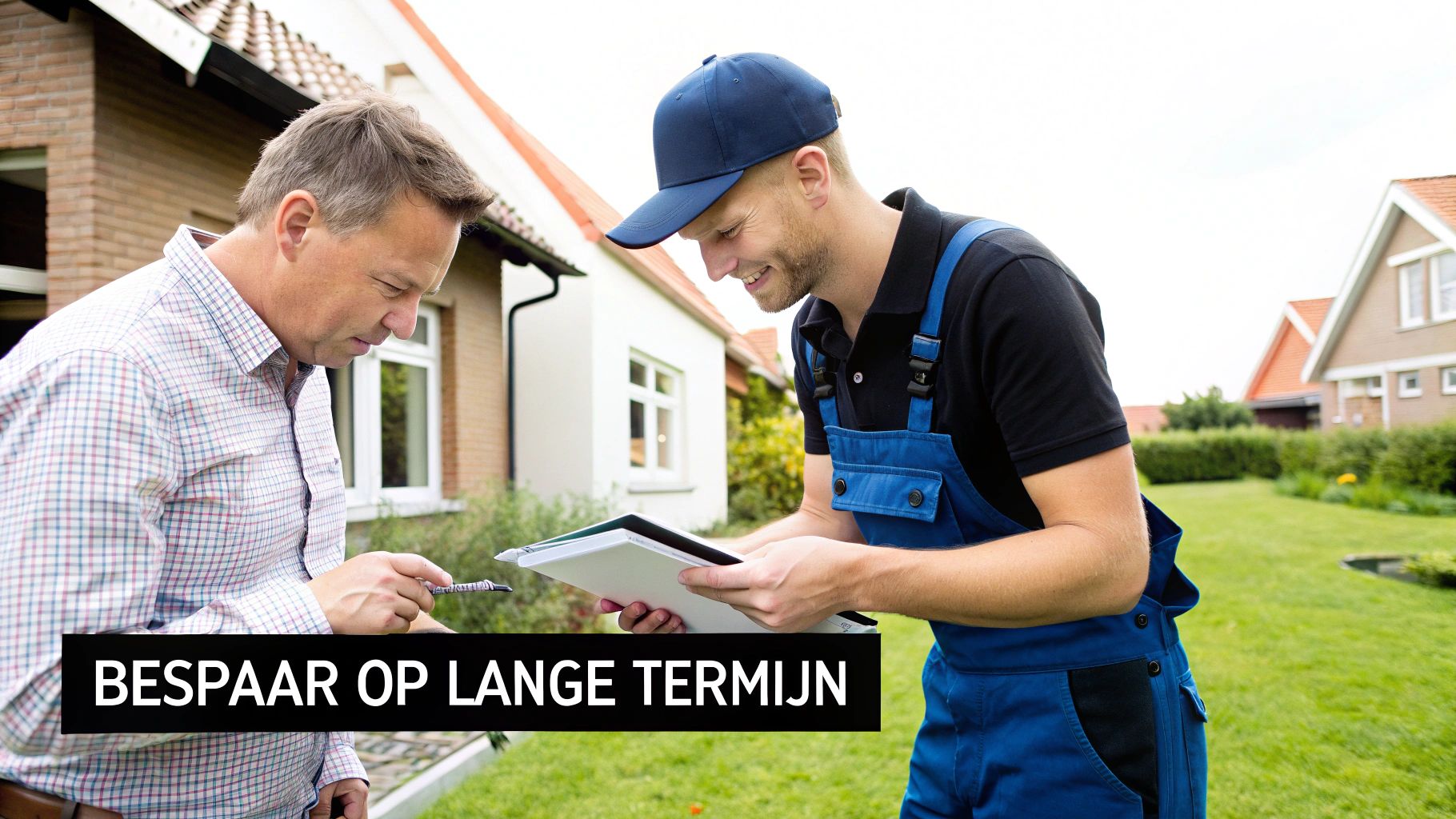 Een man tekent een document bij zijn huis, geholpen door een professional in werktenue.