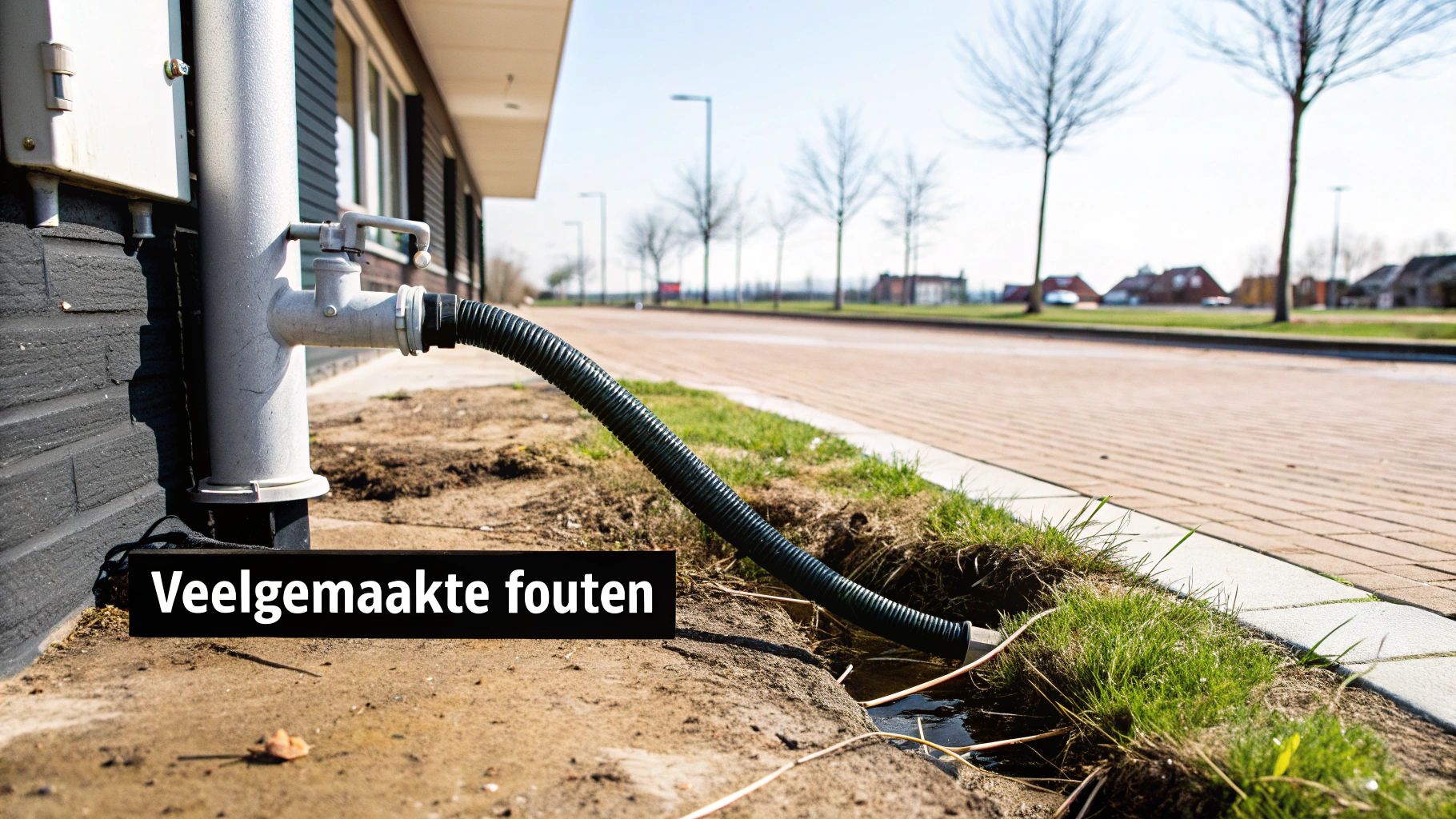 Een afvoerslang loost water in een greppel naast een weg, met een gebouw en de tekst 'Veelgemaakte fouten'.