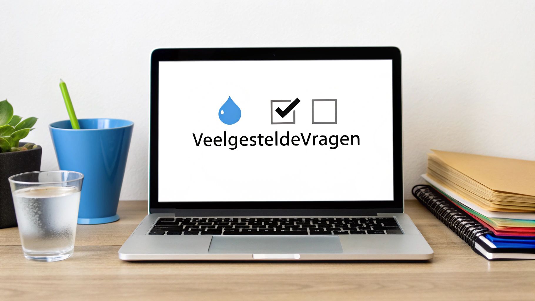 Laptop op bureau toont 'Veelgestelde Vragen' met waterdruppel en vinkjes, naast een glas water.