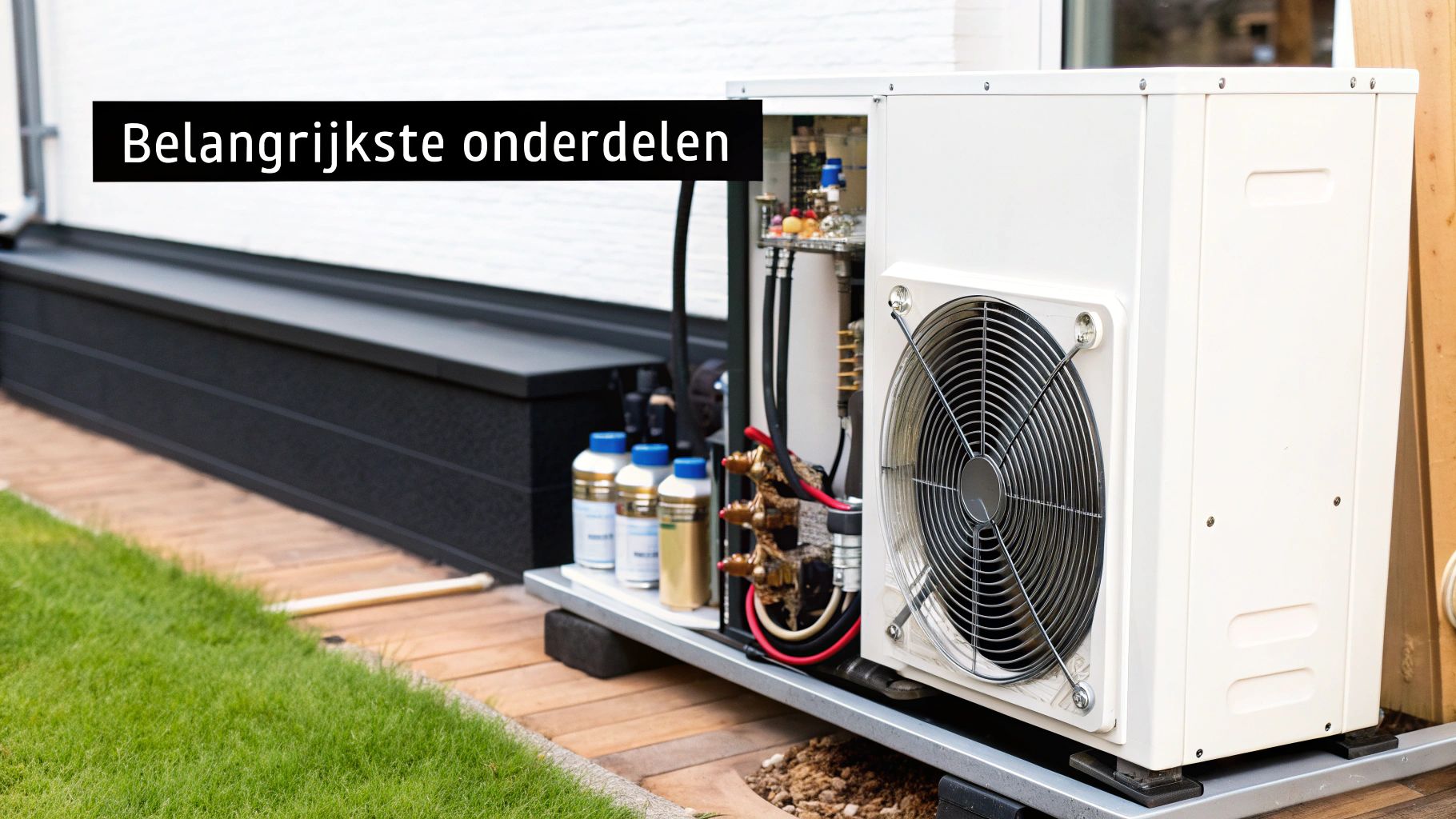 Een hybride warmtepomp buitenunit met open paneel toont de belangrijkste onderdelen, geplaatst naast een huis op een houten vlonder.