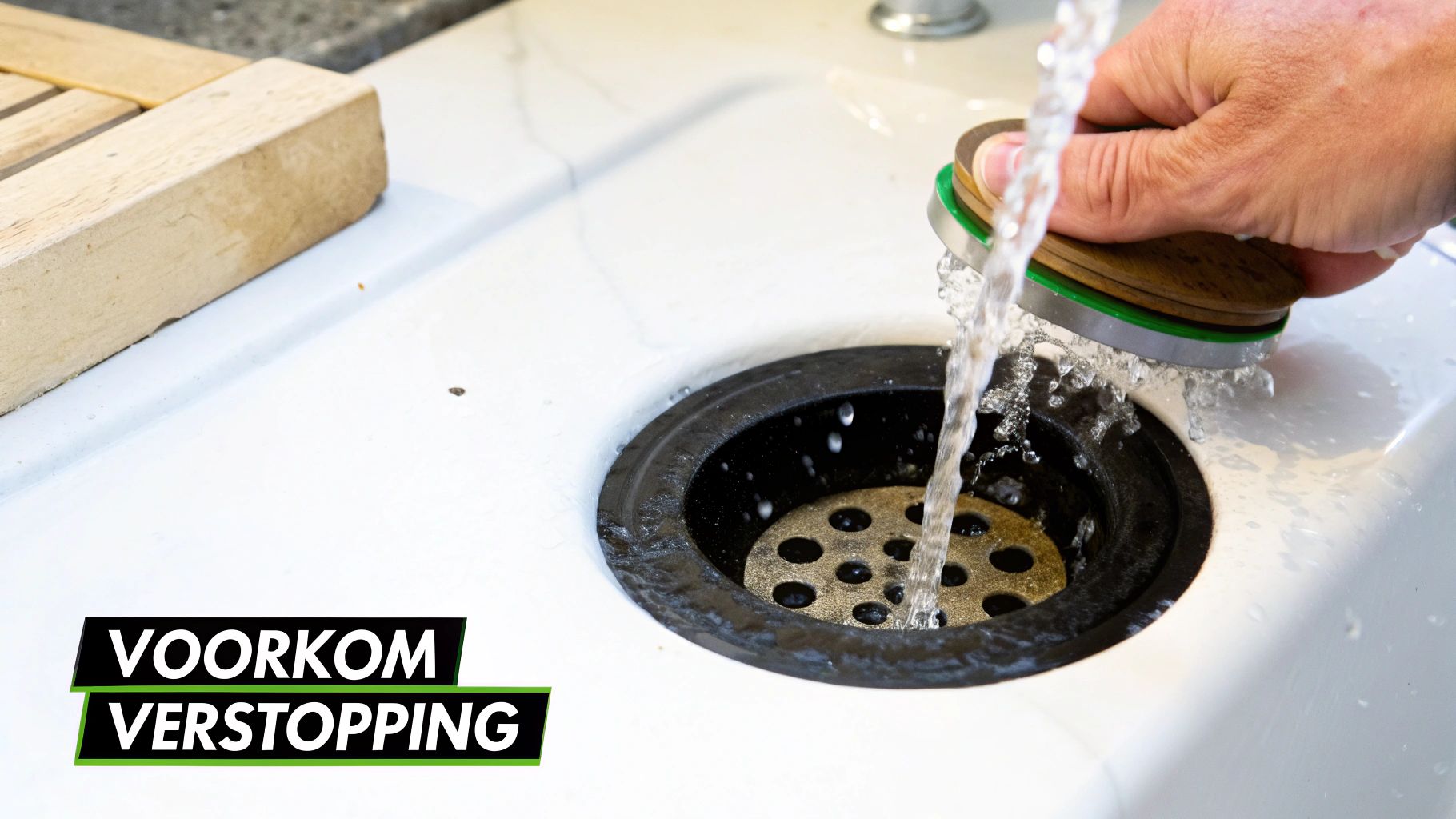 Een hand spoelt een afvoerfilter af onder stromend water in een witte gootsteen, om verstopping te voorkomen.