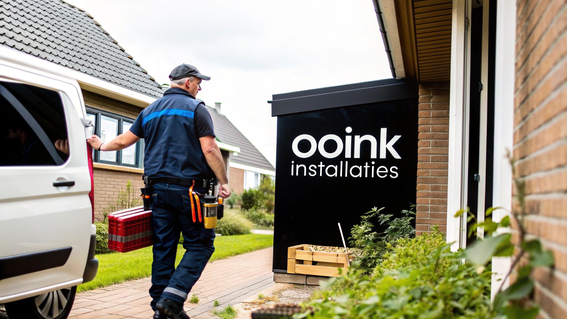 Een monteur stapt uit een wit busje met gereedschapskist en loopt richting een woning met het bord 'ooink installaties'.