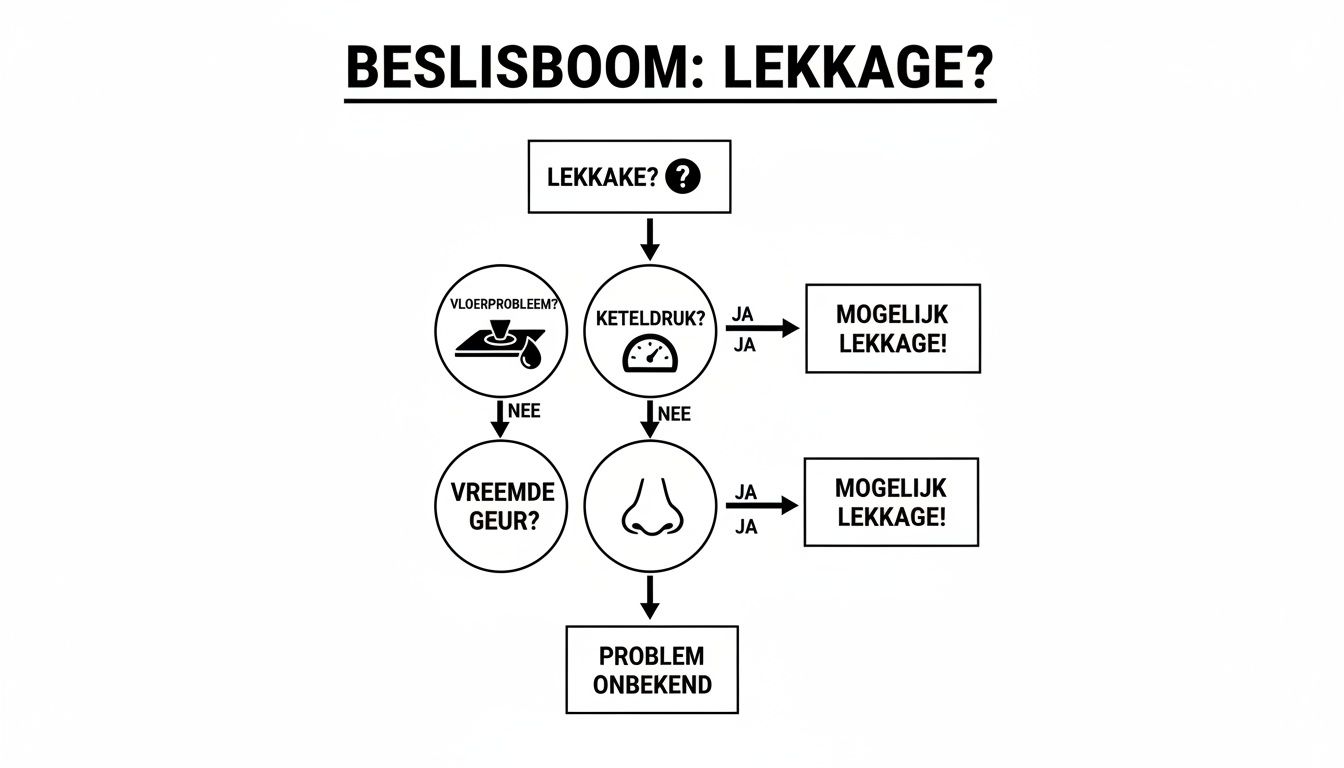 Beslisboom diagram voor het identificeren van lekkage op basis van vloerproblemen, keteldruk en vreemde geuren.